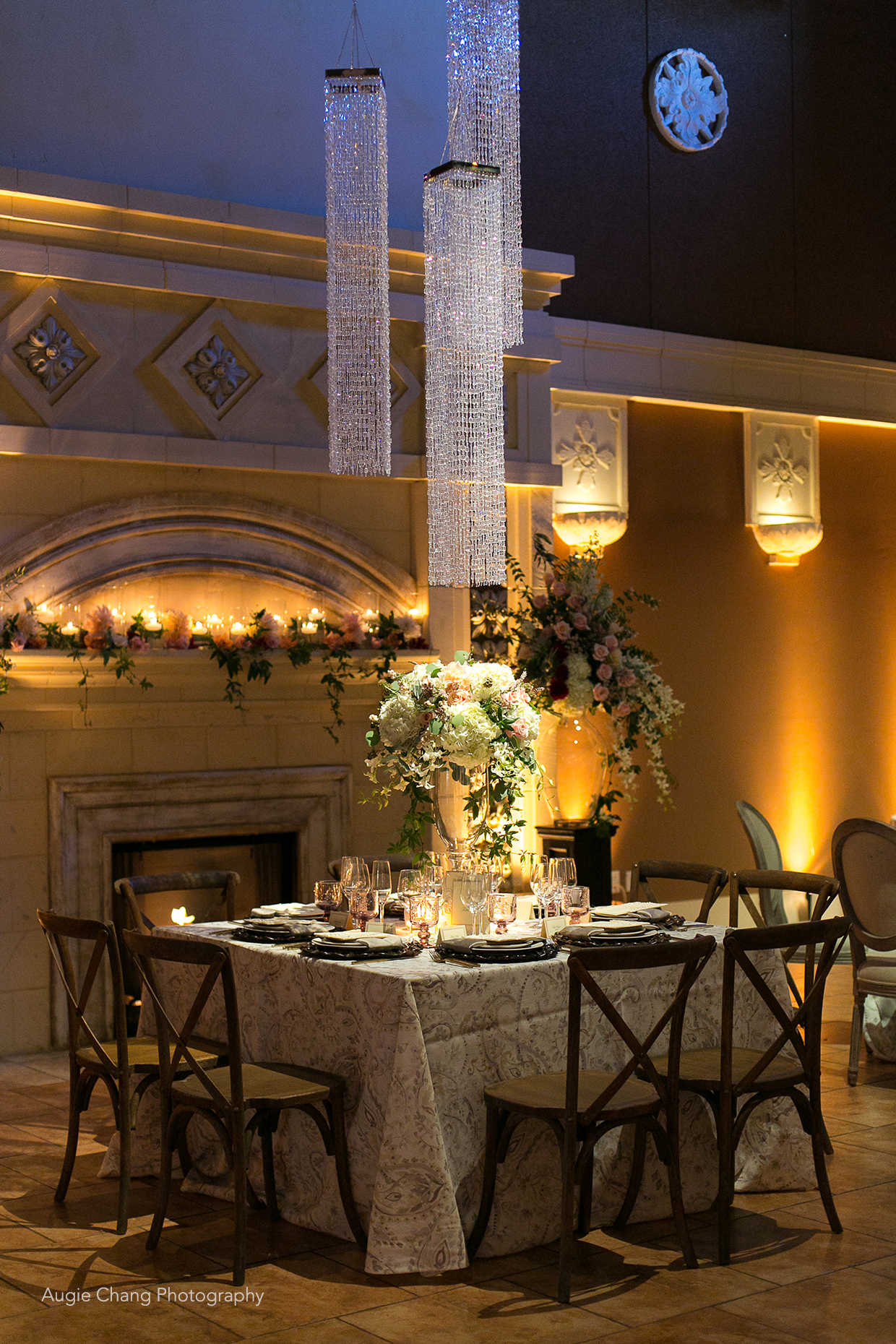 Elegant wedding tabletop at Casa Real at Ruby Hill Winery (www.casarealevents.com).  Photo by: Augie Chang Photography; Florals: Delford West Flowers; Lighting: Fantasy Sound Event Services; Tabletop Rentals and Furniture: Pleasanton Rentals